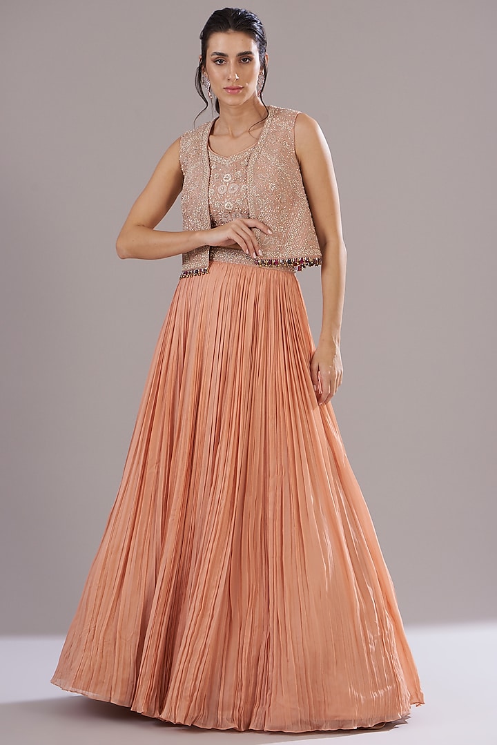 Peach Georgette Embellished Jacket Wedding Lehenga Set by Sana Barreja at Pernia's Pop Up Shop