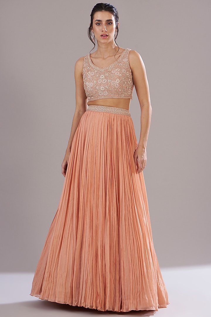 Peach Georgette Embellished Jacket Wedding Lehenga Set by Sana Barreja at Pernia's Pop Up Shop