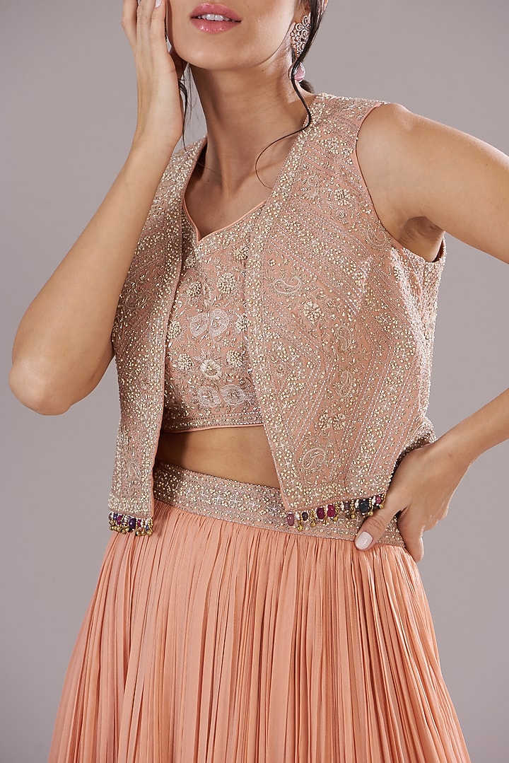 Peach Georgette Embellished Jacket Wedding Lehenga Set by Sana Barreja at Pernia's Pop Up Shop