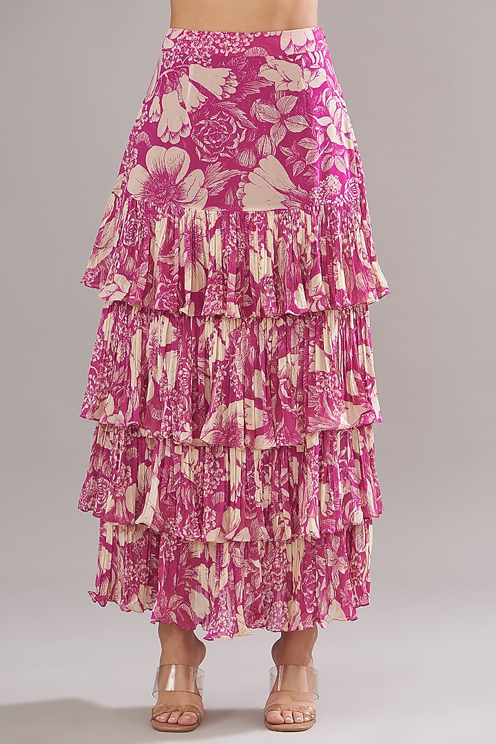 Fuchsia Georgette Printed Skirt Set by Sana Barreja at Pernia's Pop Up Shop