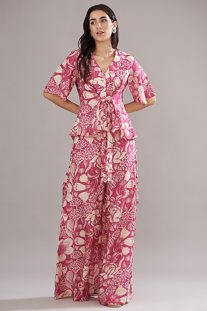 Fuchsia Bemberg Silk Printed Co-Ord Set by Sana Barreja at Pernia's Pop Up Shop