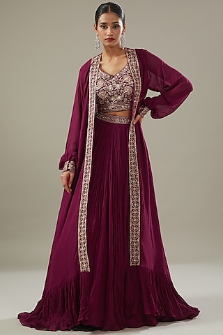 Maroon Georgette Jacket Lehenga Set by Sana Barreja