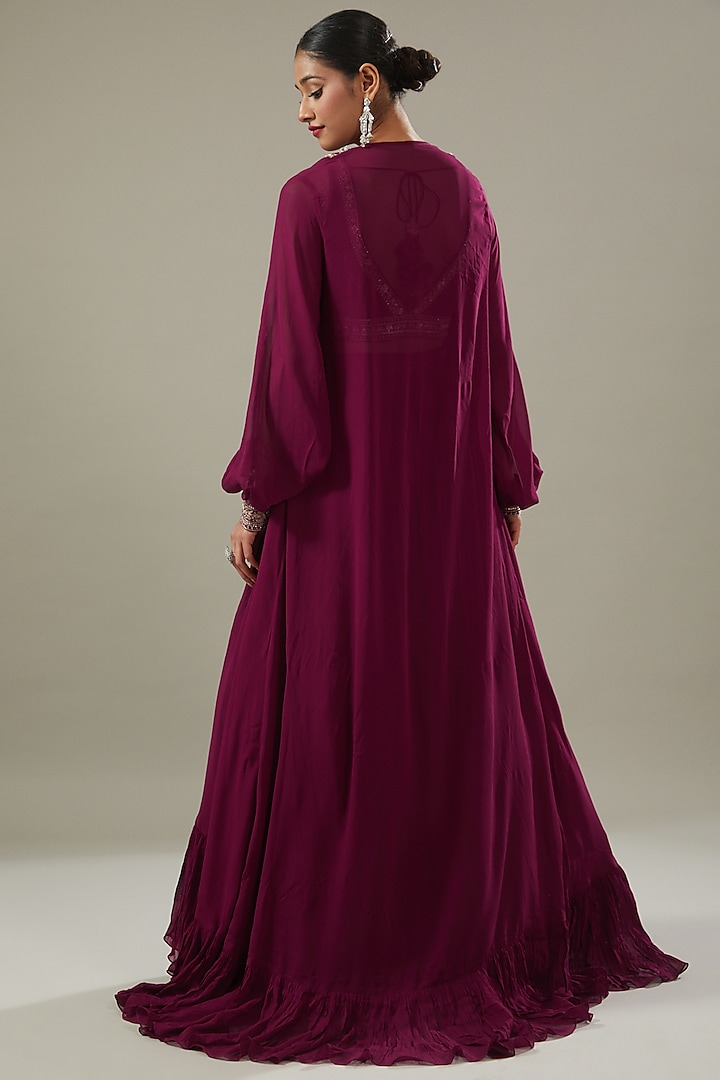 Maroon Georgette Jacket Wedding Lehenga Set by Sana Barreja at Pernia's Pop Up Shop