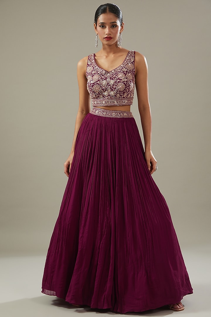 Maroon Georgette Jacket Wedding Lehenga Set by Sana Barreja at Pernia's Pop Up Shop