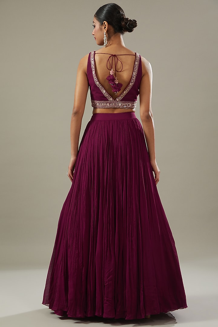 Maroon Georgette Jacket Wedding Lehenga Set by Sana Barreja at Pernia's Pop Up Shop