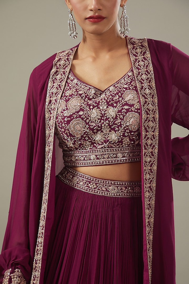 Maroon Georgette Jacket Wedding Lehenga Set by Sana Barreja at Pernia's Pop Up Shop