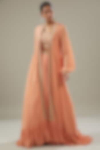 Peach Georgette Jacket Wedding Lehenga Set by Sana Barreja at Pernia's Pop Up Shop