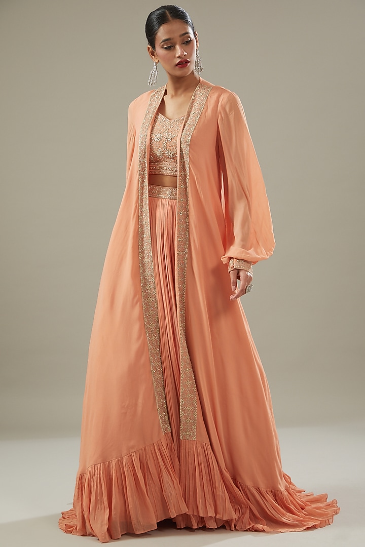 Peach Georgette Jacket Wedding Lehenga Set by Sana Barreja at Pernia's Pop Up Shop