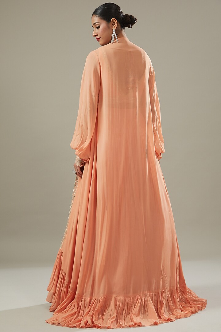 Peach Georgette Jacket Wedding Lehenga Set by Sana Barreja at Pernia's Pop Up Shop