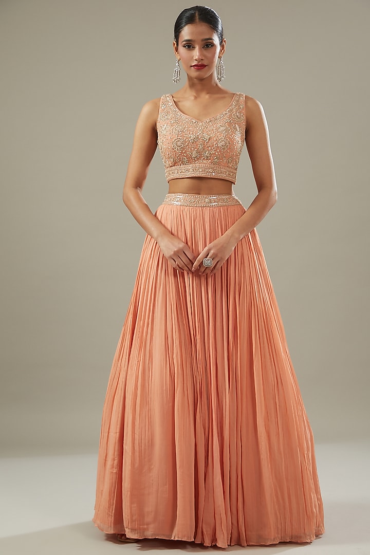 Peach Georgette Jacket Wedding Lehenga Set by Sana Barreja at Pernia's Pop Up Shop