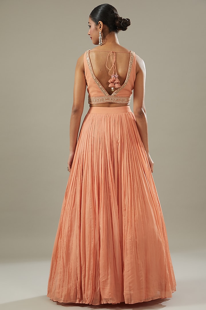 Peach Georgette Jacket Wedding Lehenga Set by Sana Barreja at Pernia's Pop Up Shop
