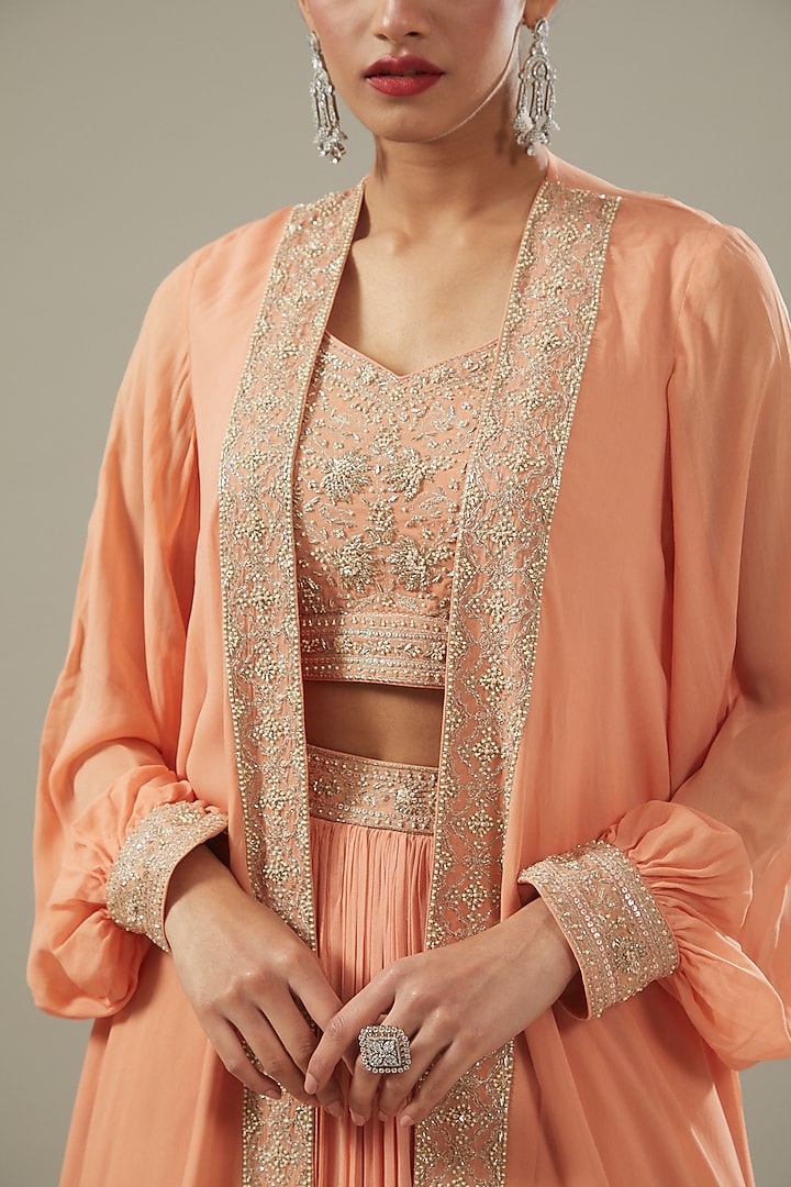 Peach Georgette Jacket Wedding Lehenga Set by Sana Barreja at Pernia's Pop Up Shop