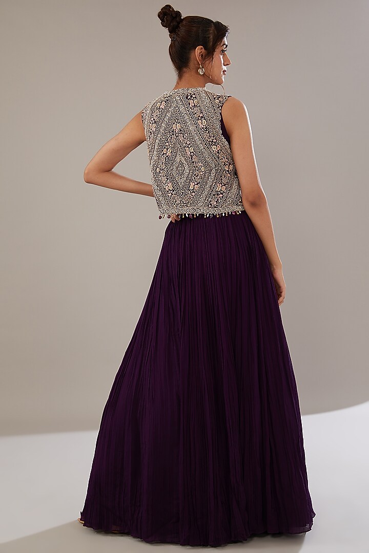 Purple Georgette Embroidered Jacket Wedding Lehenga Set by Sana Barreja at Pernia's Pop Up Shop