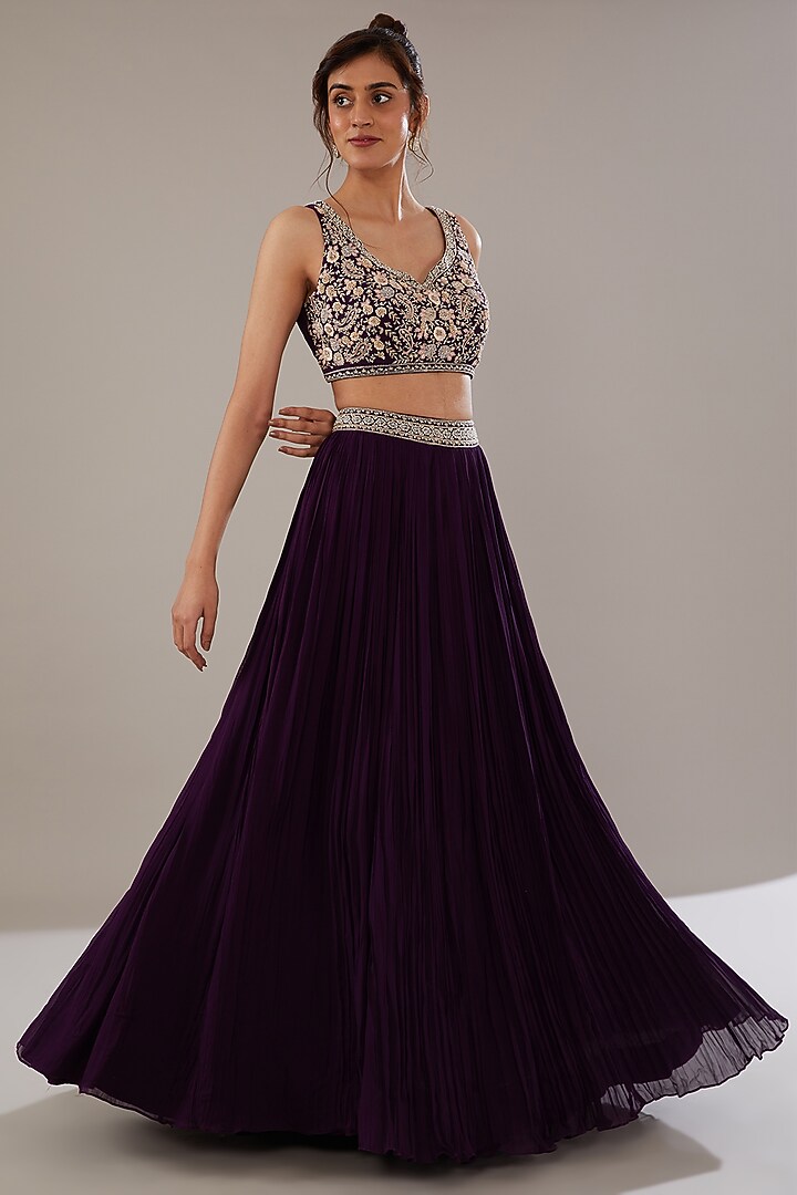 Purple Georgette Embroidered Jacket Wedding Lehenga Set by Sana Barreja at Pernia's Pop Up Shop
