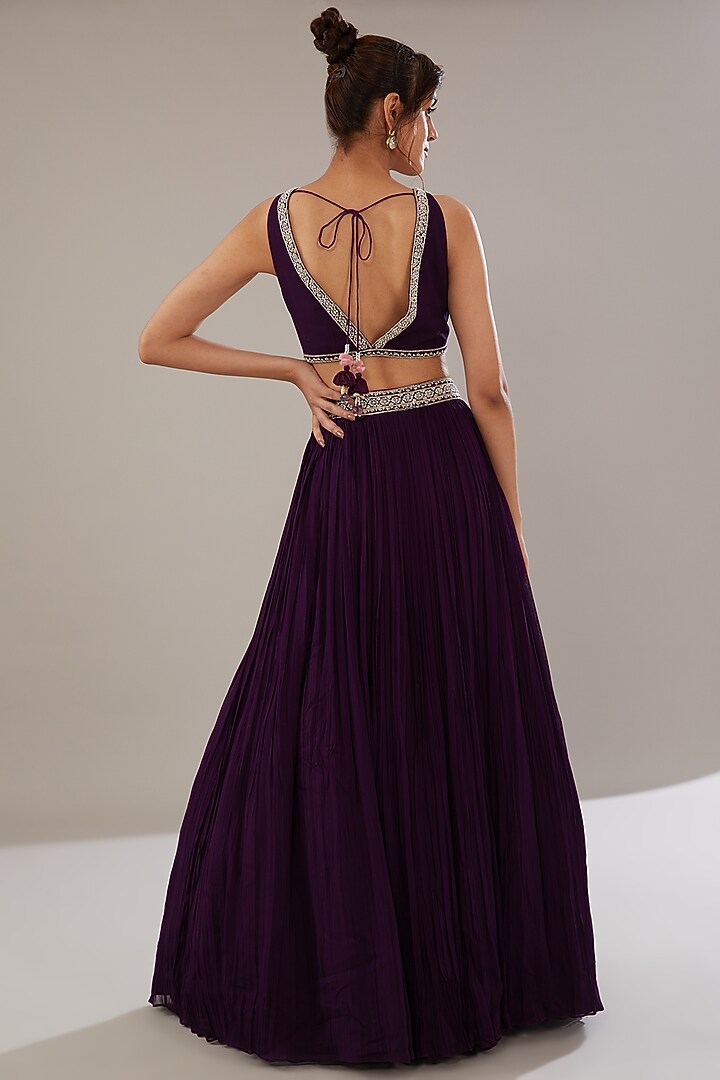 Purple Georgette Embroidered Jacket Wedding Lehenga Set by Sana Barreja at Pernia's Pop Up Shop