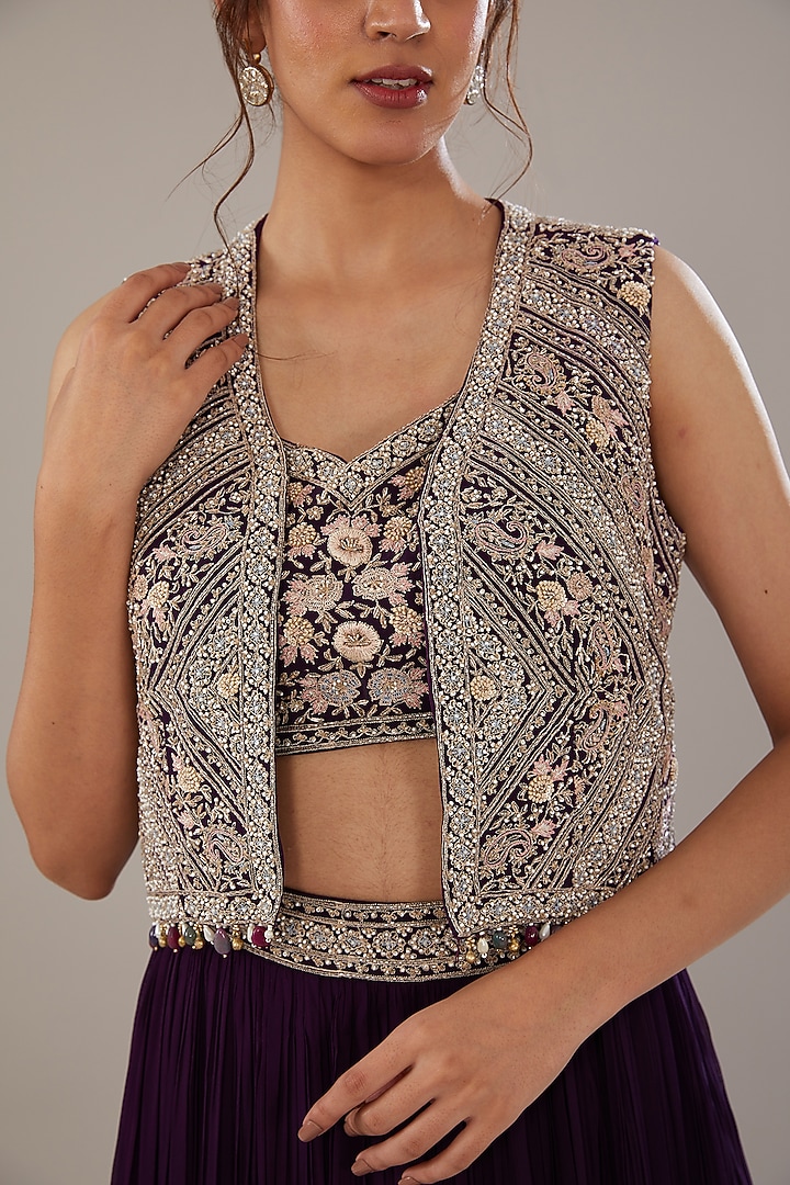 Purple Georgette Embroidered Jacket Wedding Lehenga Set by Sana Barreja at Pernia's Pop Up Shop