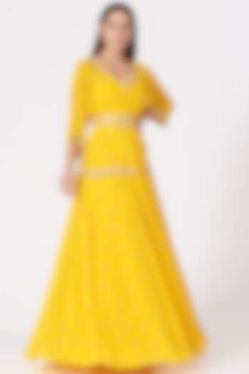 Yellow Printed Skirt Set by Sana Barreja
