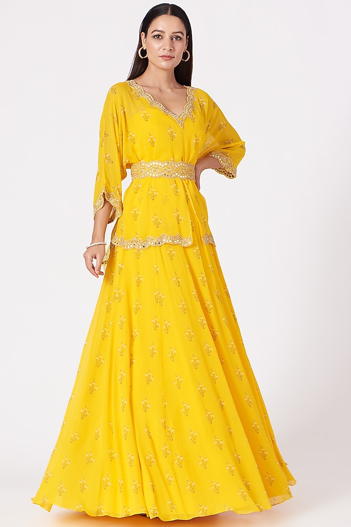 Yellow Printed Skirt Set by Sana Barreja
