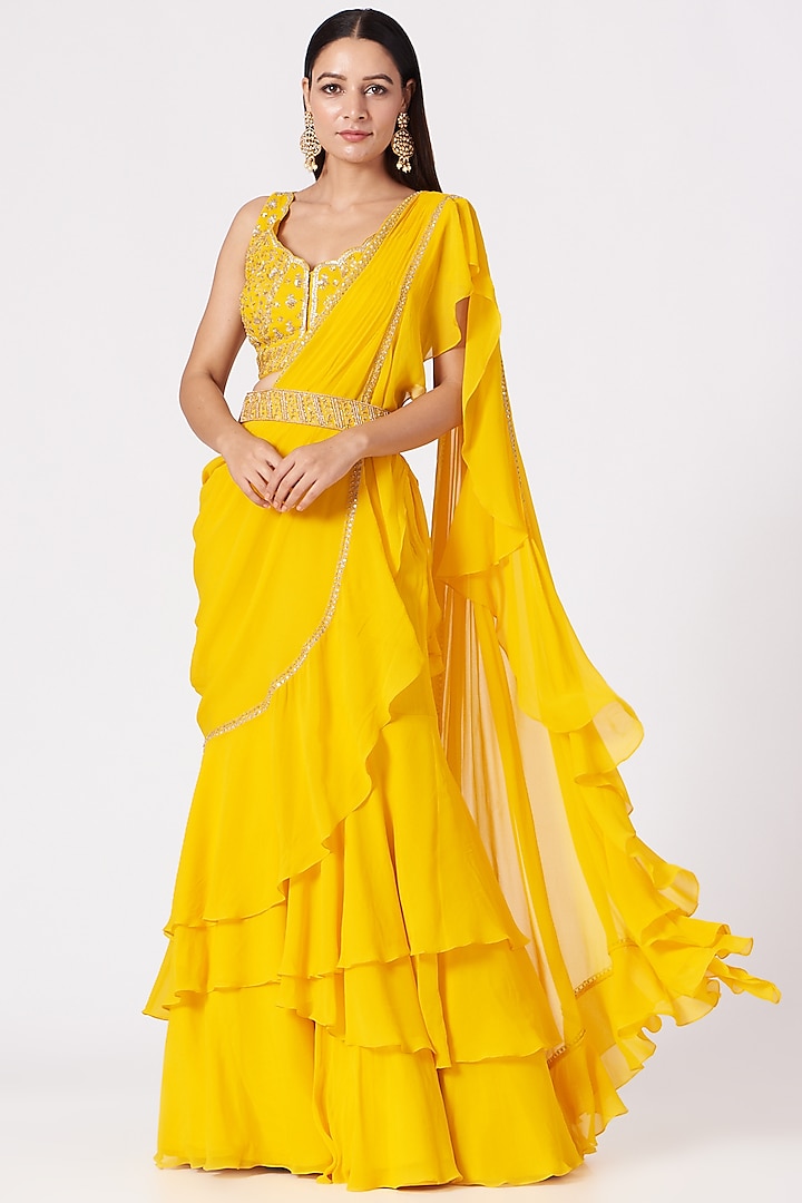 Yellow Pre-Draped Saree Set by Sana Barreja