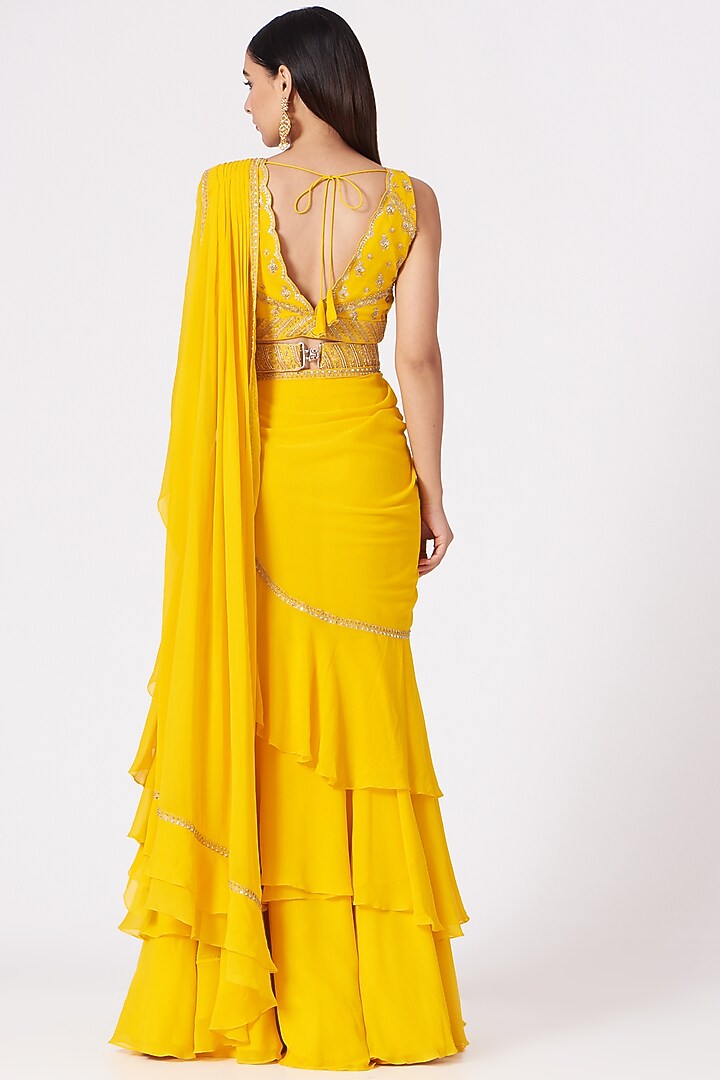 Yellow Georgette Ruffle Pre-Draped Wedding Saree Set by Sana Barreja at Pernia's Pop Up Shop