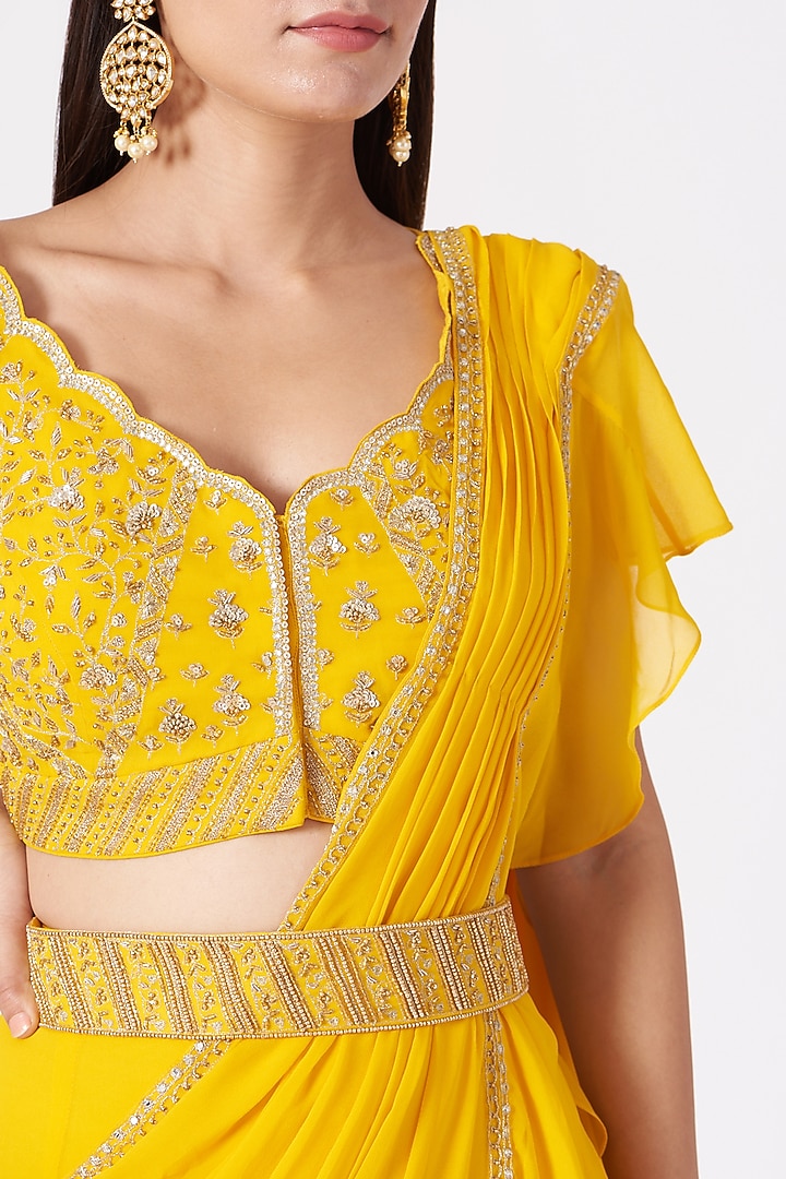 Yellow Georgette Ruffle Pre-Draped Wedding Saree Set by Sana Barreja at Pernia's Pop Up Shop