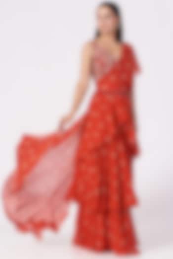 Red Printed Pre-Draped Saree Set by Sana Barreja