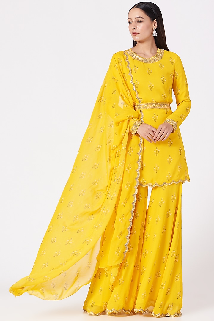 Yellow Georgette Printed & Hand Embroidered Gharara Set by Sana Barreja