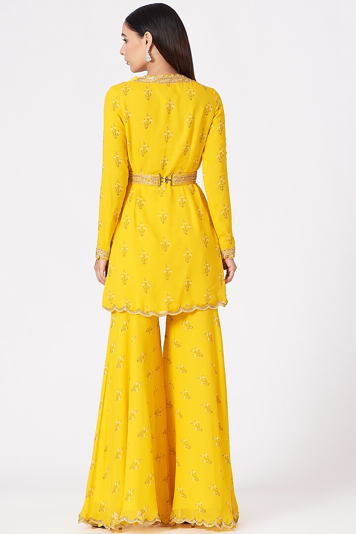 Yellow Georgette Printed & Hand Embroidered Gharara Set by Sana Barreja at Pernia's Pop Up Shop