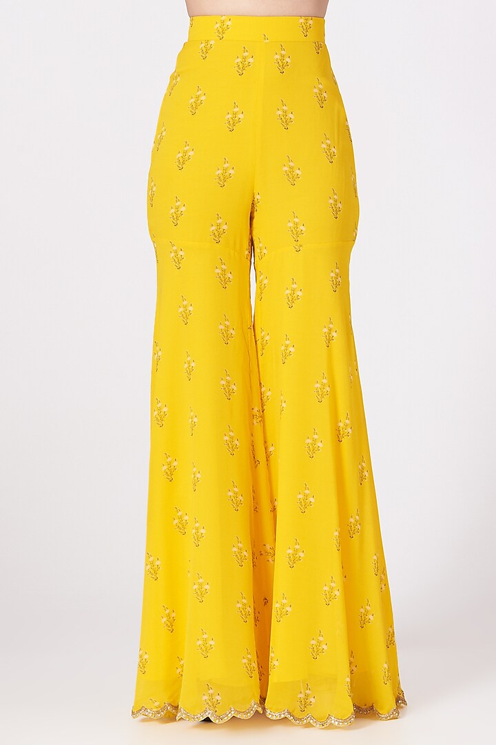 Yellow Georgette Printed & Hand Embroidered Gharara Set by Sana Barreja at Pernia's Pop Up Shop
