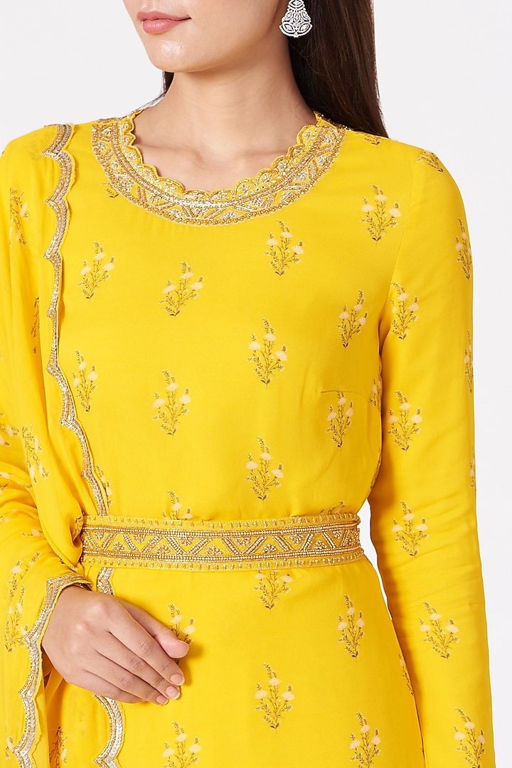 Yellow Georgette Printed & Hand Embroidered Gharara Set by Sana Barreja at Pernia's Pop Up Shop