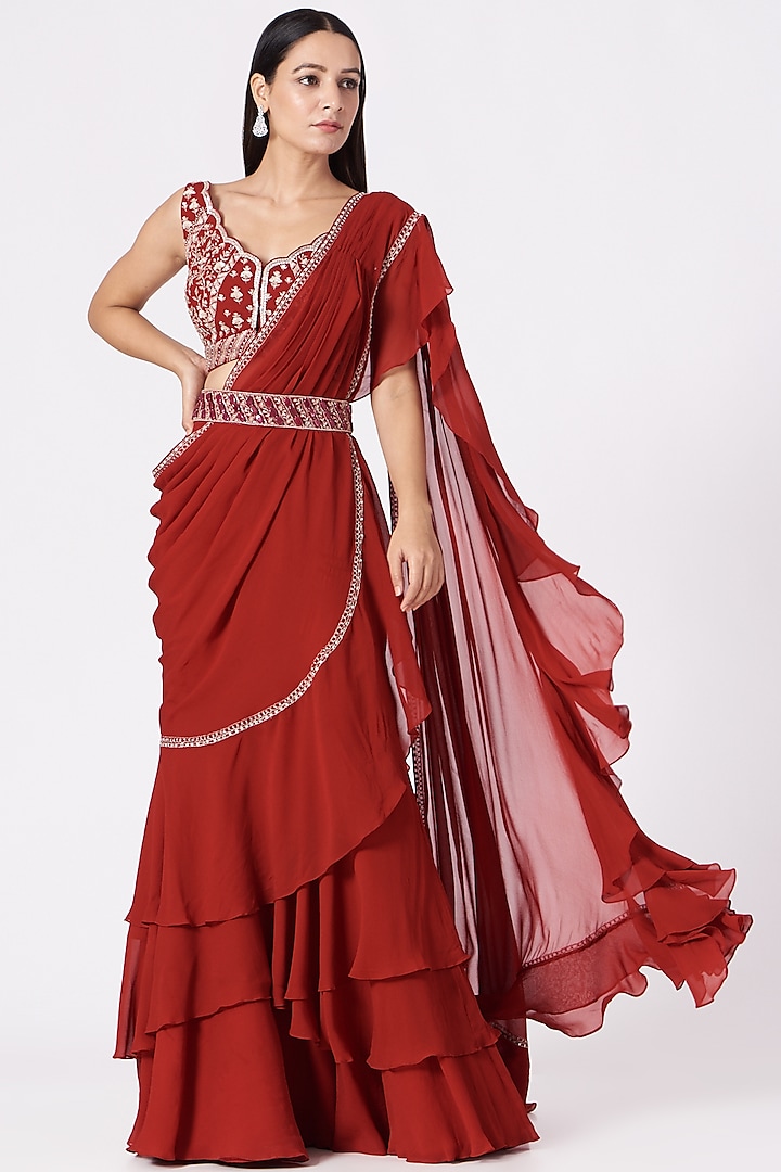 Red Hand Embroidered Pre-Draped Saree Set by Sana Barreja