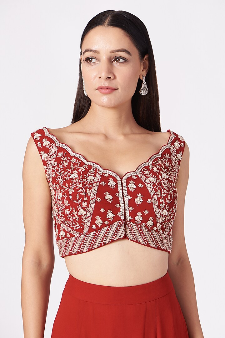 Red Hand Embroidered Pre-Draped Wedding Saree Set by Sana Barreja at Pernia's Pop Up Shop