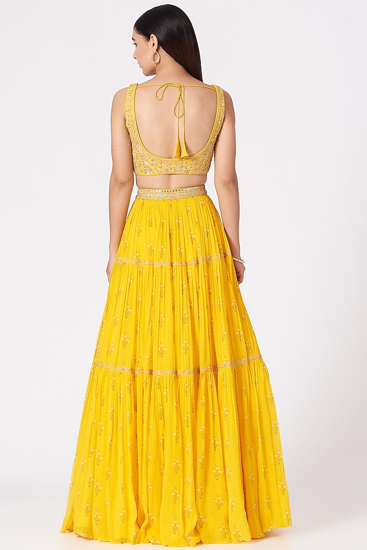 Yellow Embroidered Tiered Wedding Lehenga Set by Sana Barreja at Pernia's Pop Up Shop