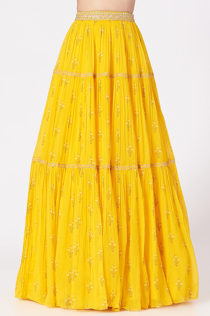 Yellow Embroidered Tiered Wedding Lehenga Set by Sana Barreja at Pernia's Pop Up Shop