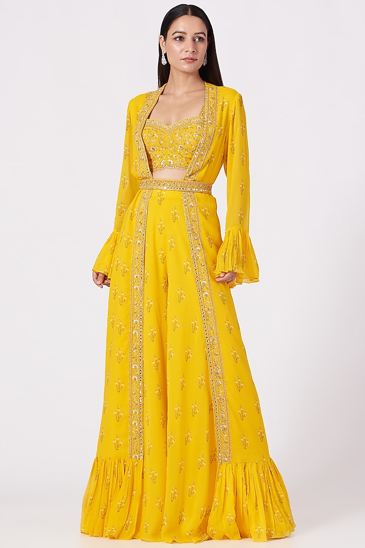 Yellow Hand Embroidered Jacket Set by Sana Barreja