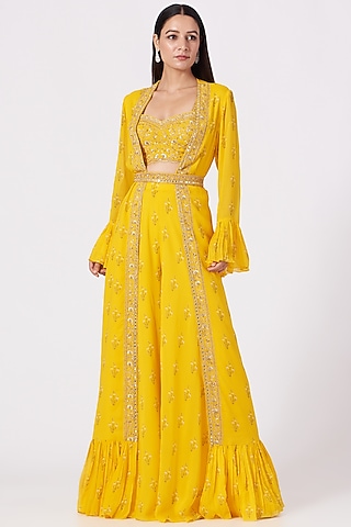 Yellow Hand Embroidered Jacket Set by Sana Barreja