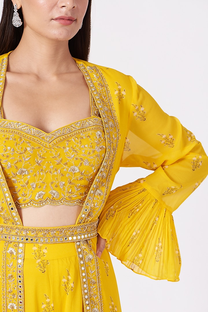 Yellow Hand Embroidered Jacket Set by Sana Barreja at Pernia's Pop Up Shop
