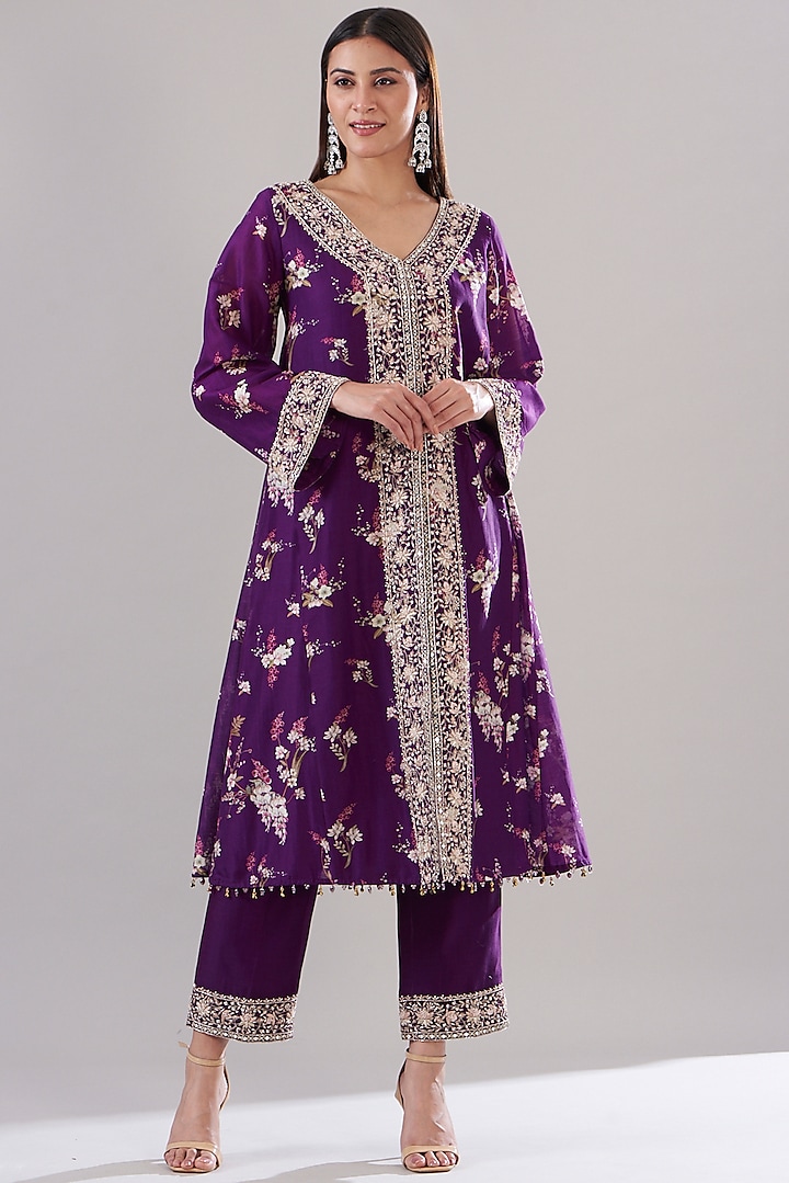 Purple Chanderi Silk Printed & Embroidered Kurta Set by Sana Barreja