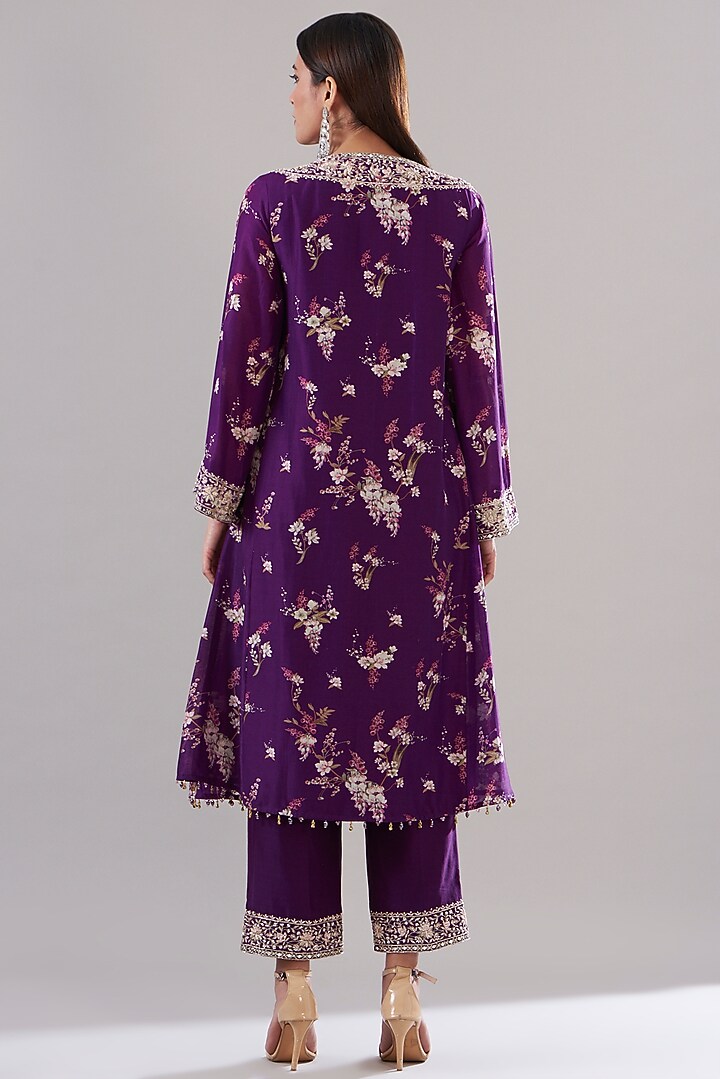 Purple Chanderi Silk Printed & Embroidered Kurta Set by Sana Barreja at Pernia's Pop Up Shop