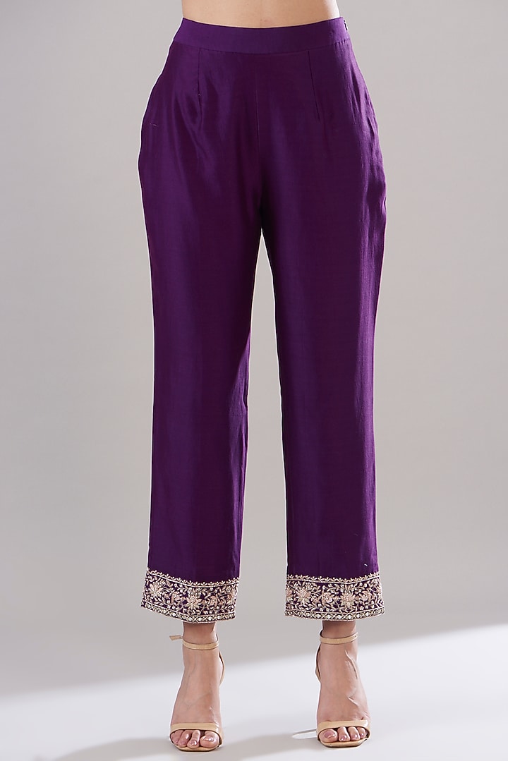Purple Chanderi Silk Printed & Embroidered Kurta Set by Sana Barreja at Pernia's Pop Up Shop