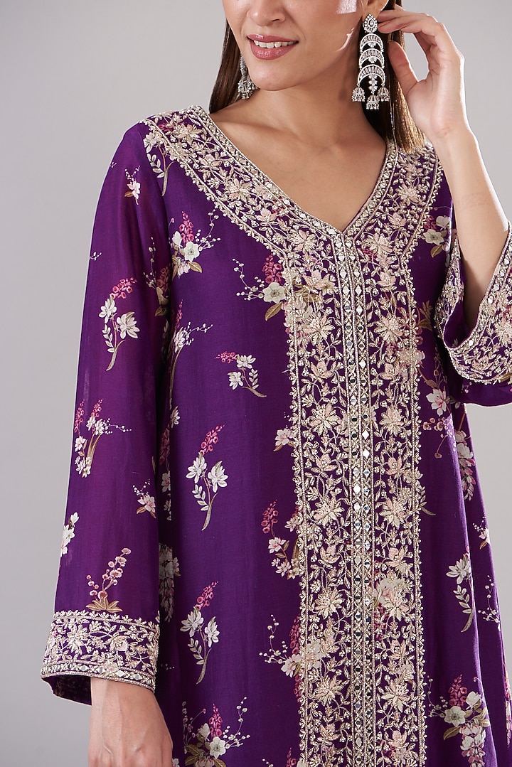 Purple Chanderi Silk Printed & Embroidered Kurta Set by Sana Barreja at Pernia's Pop Up Shop