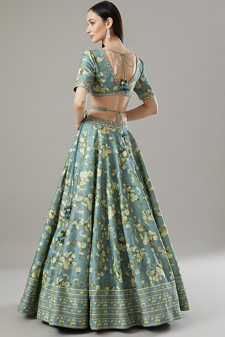 Ice Blue Paisley Printed Wedding Lehenga Set by Sana Barreja at Pernia's Pop Up Shop