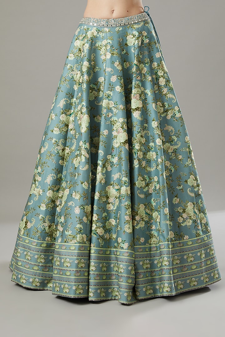 Ice Blue Paisley Printed Wedding Lehenga Set by Sana Barreja at Pernia's Pop Up Shop