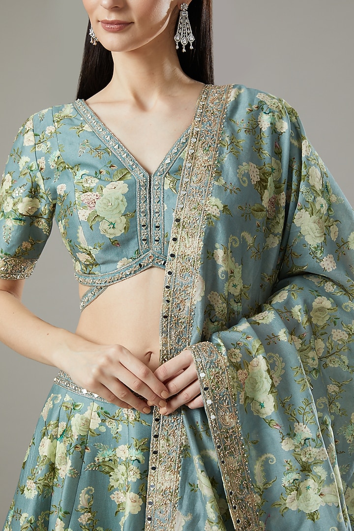Ice Blue Paisley Printed Wedding Lehenga Set by Sana Barreja at Pernia's Pop Up Shop