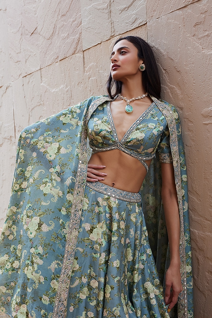 Ice Blue Printed Wedding Lehenga Set by Sana Barreja at Pernia's Pop Up Shop