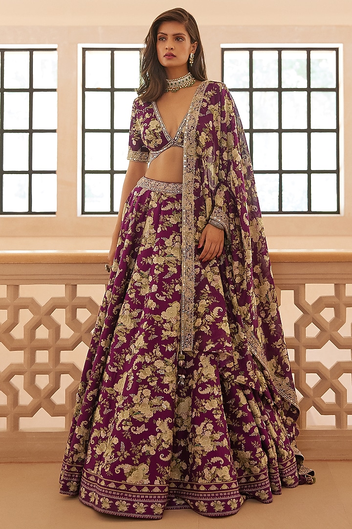 Purple Printed Wedding Lehenga Set by Sana Barreja at Pernia's Pop Up Shop