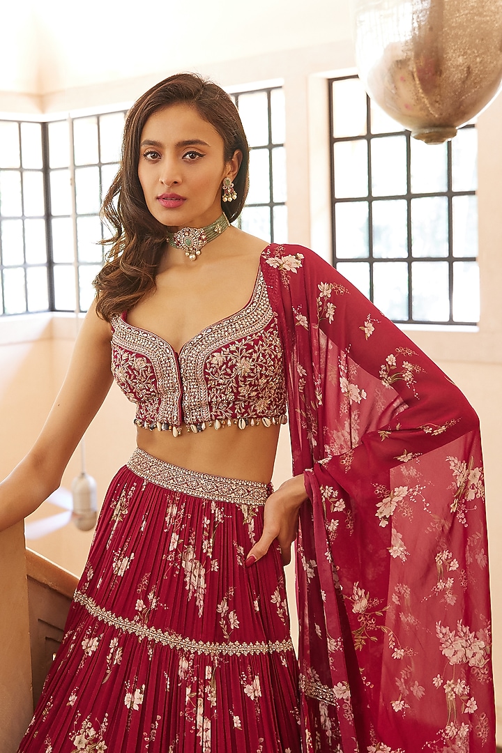 Fuchsia Printed Wedding Lehenga Set by Sana Barreja at Pernia's Pop Up Shop