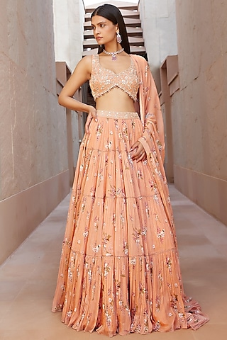 Peach Printed Lehenga Set by Sana Barreja