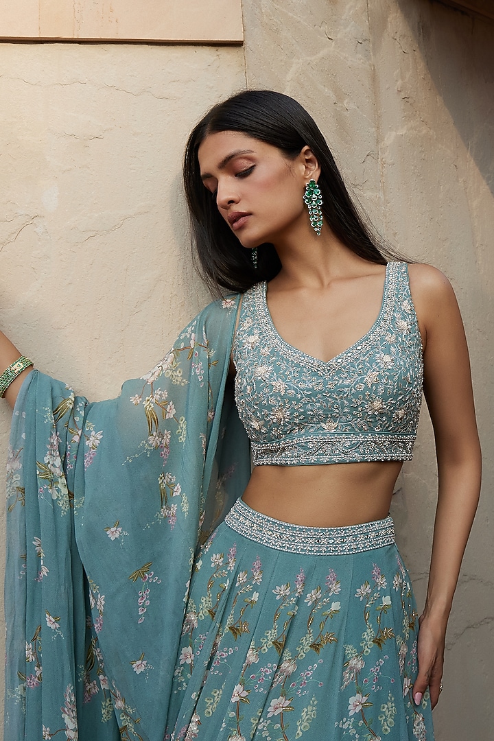 Ice Blue Wedding Lehenga Set With Print by Sana Barreja at Pernia's Pop Up Shop