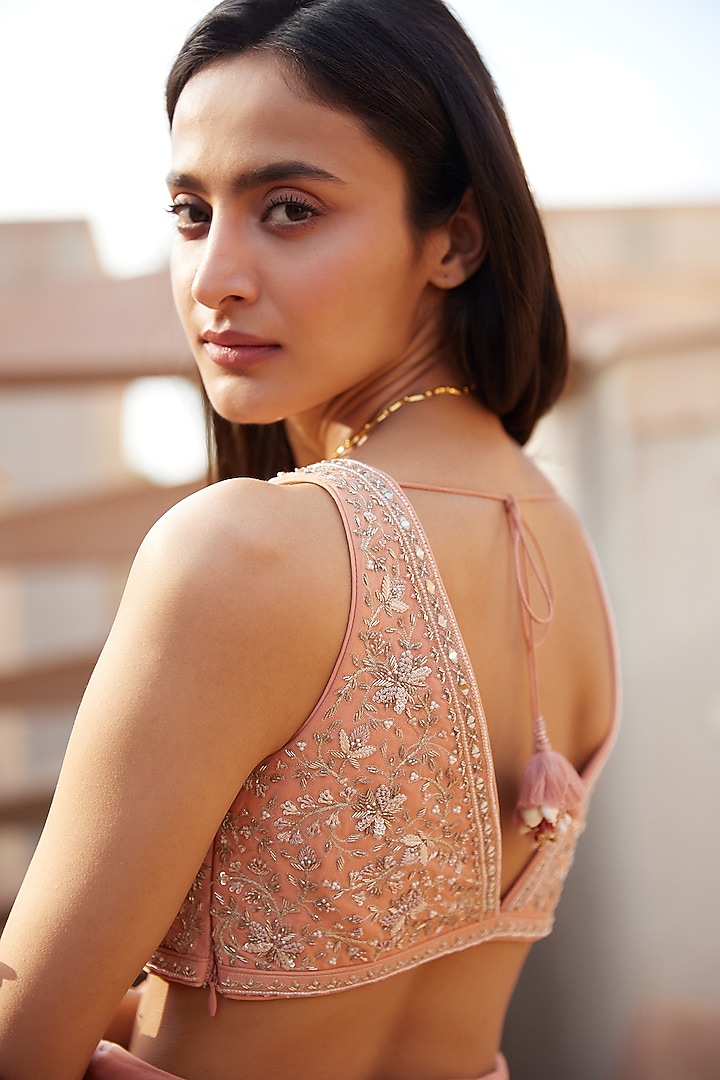 Peach Wedding Lehenga Set With Print by Sana Barreja at Pernia's Pop Up Shop
